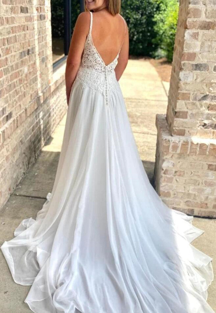 Women Lace Appliques Wedding Dresses Long Backless Bridal Gowns YWD087