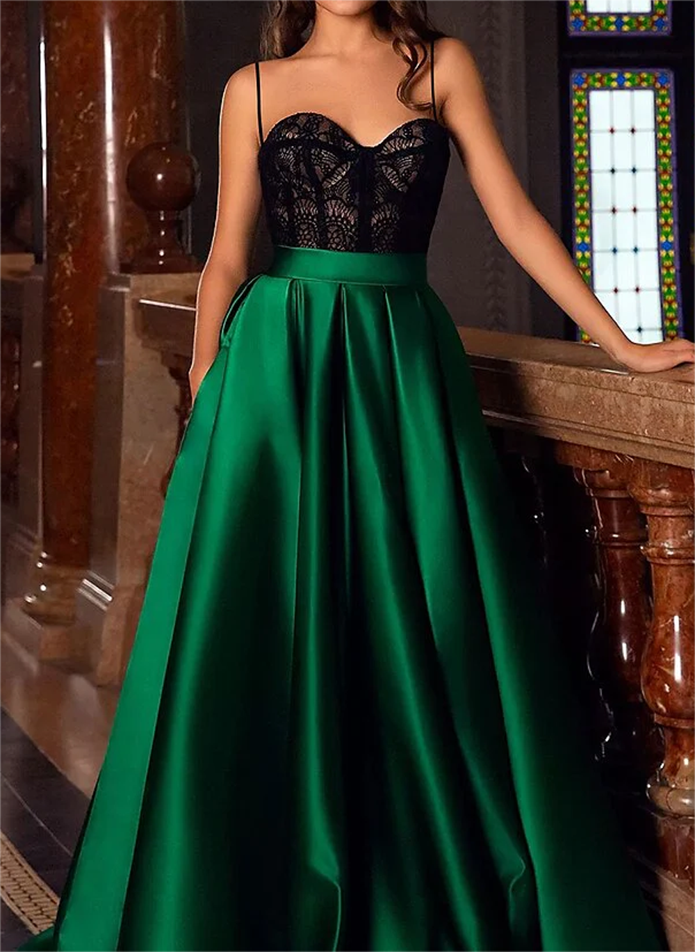 Women Spaghetti Straps Prom Dresses Long Lace Satin Evening Gowns A-Line Formal Party Dress YPD712