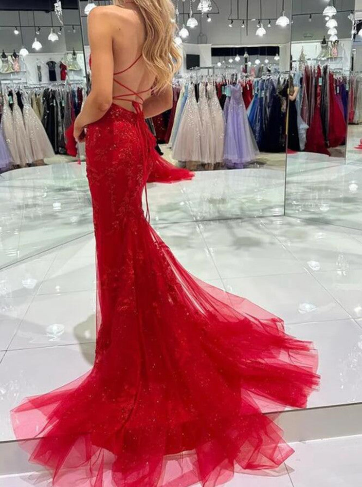 Women Red Appliques Prom Dresses Long Mermaid Evening Gowns Formal Party Dress YPD362