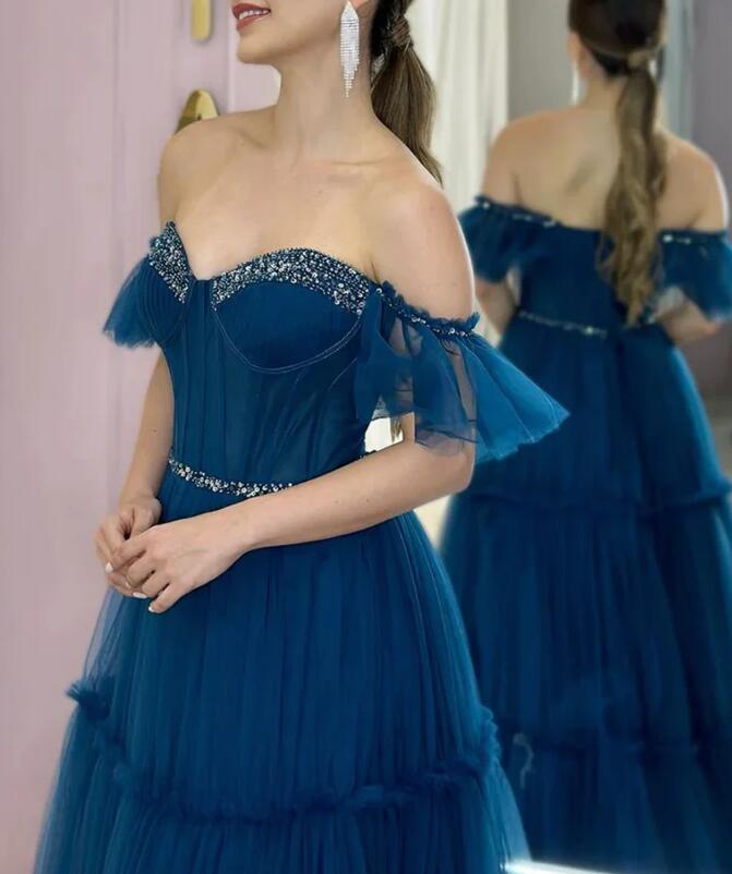 Women Tulle Beaded Prom Dresses Long Off Shoulder Evening Gowns Formal Party Dress YPD365