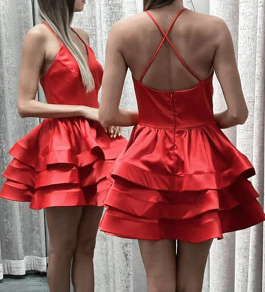 Women Satin Prom Dresses Short Cocktail Gowns Girls V-Neck Homecoming Dresses Short Graduation Dress YHD241