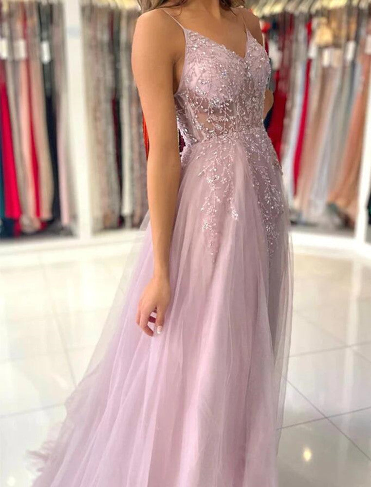 Women Tulle Beadings Prom Dresses Long Sequins Evening Gowns Formal Party Dress YPD414