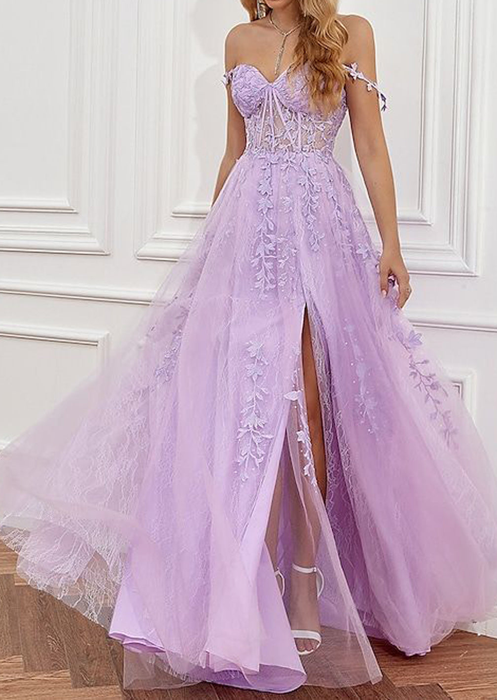 Women Slit Lace Formal Prom Dresses Long Sleeveless Appliques Evening Party Gowns YPD985