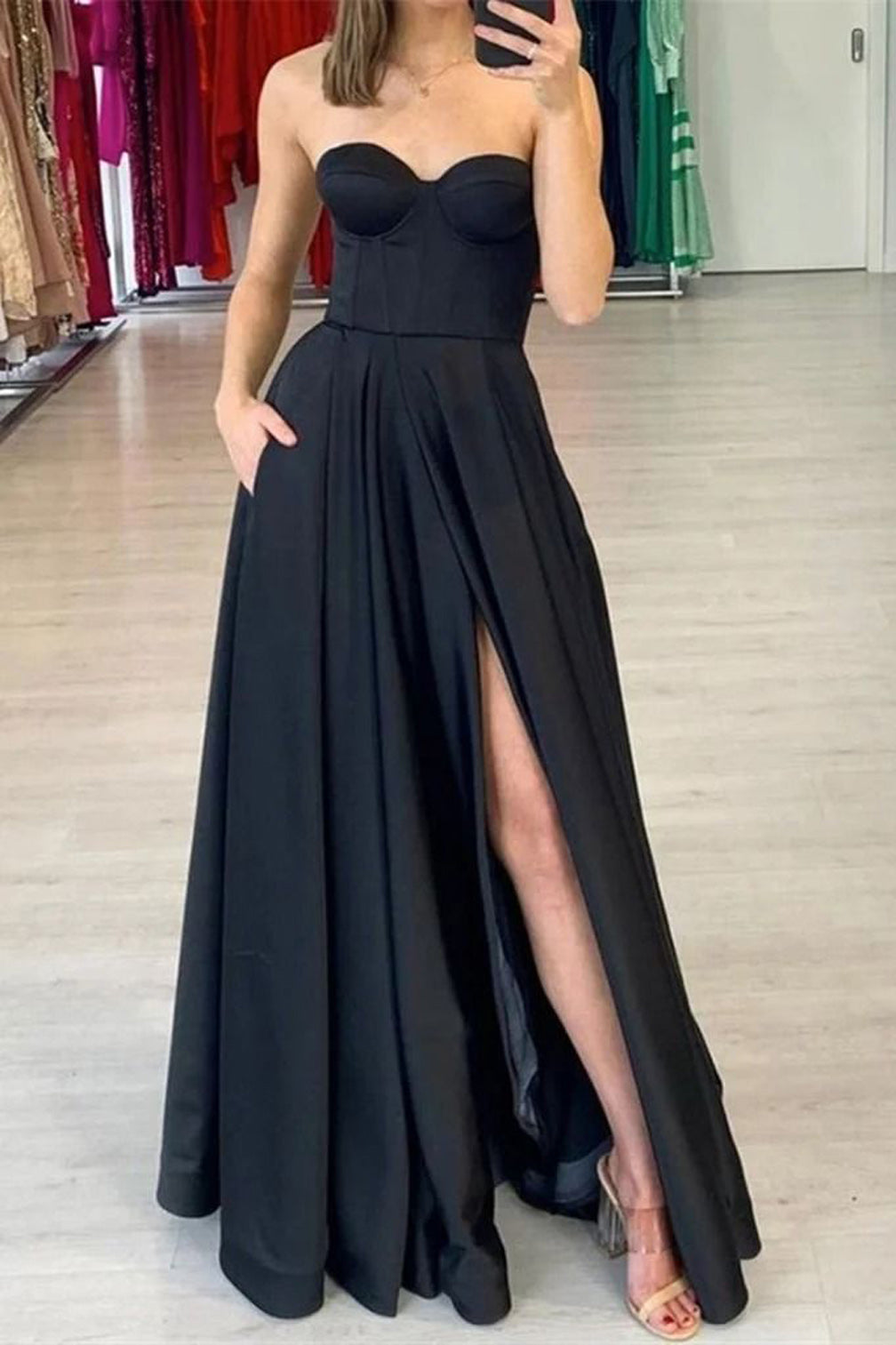 Women Slit Satin Formal Prom Dresses Long Sleeveless Sweetheart Evening Party Gowns YPD989