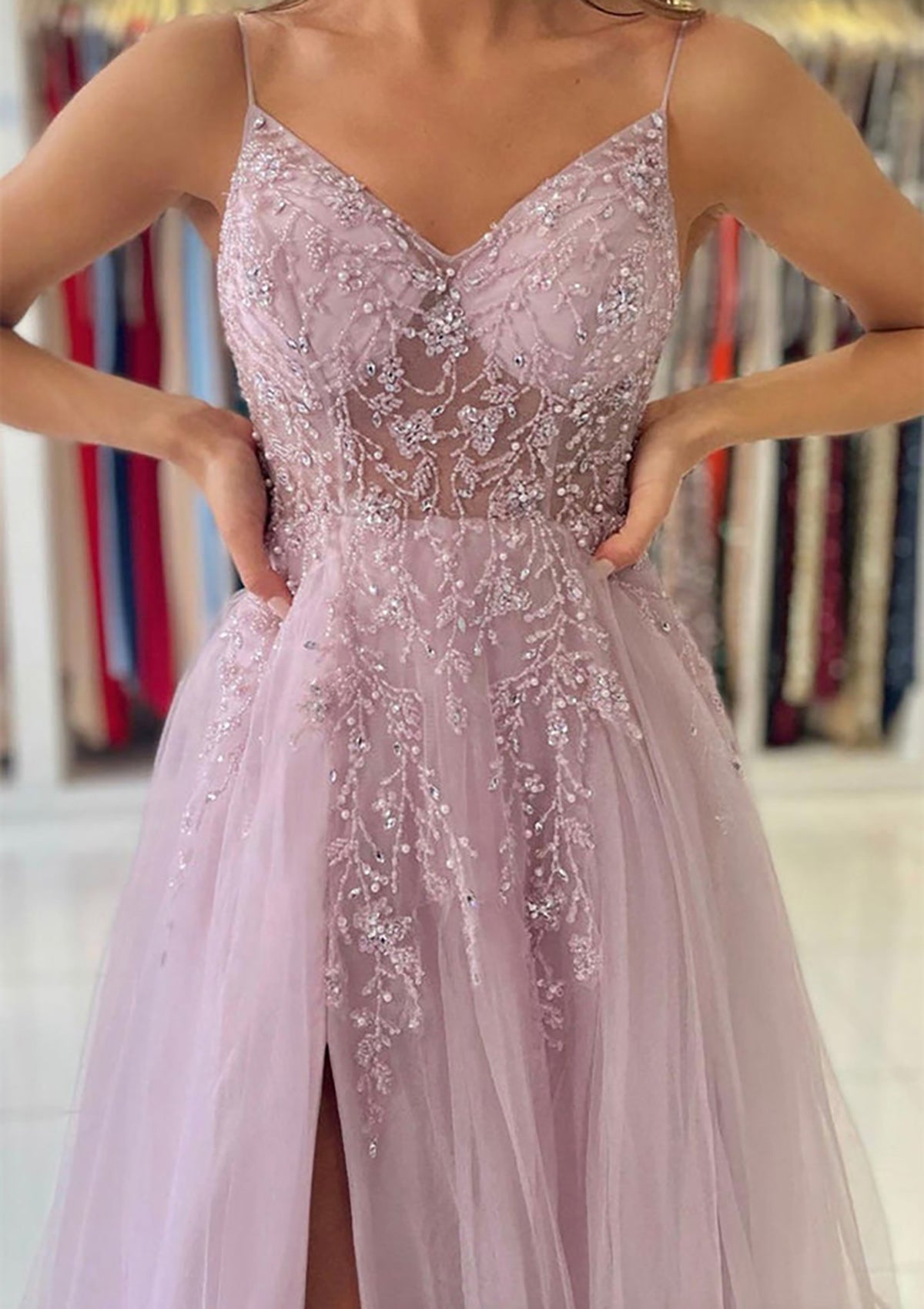Women Tulle Long Prom Dress with Beadings Side Slit Evening Gowns Princess Formal Party Dress YPD752