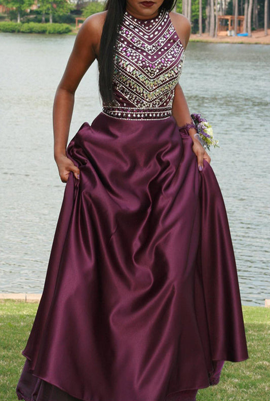Women Beads Prom Dresses Long Satin Evening Gowns Formal Party Dress YPD281