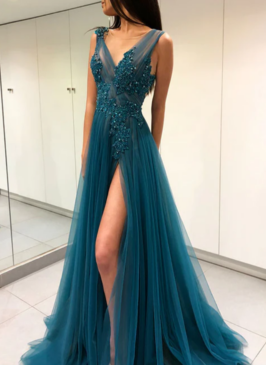 Women Lace Slit Prom Dresses Long V-Neck Evening Gowns Formal Party Dress YPD461