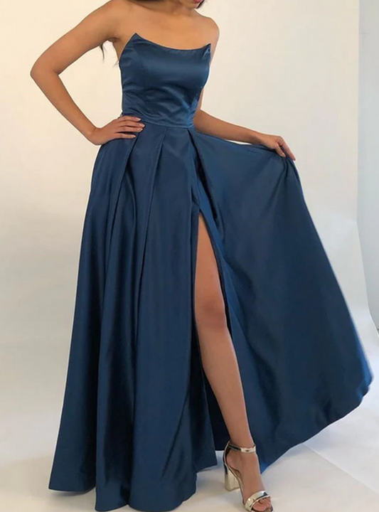 Women Satin Slit Prom Dresses Long Strapless Evening Gowns Formal Party Dress YPD460