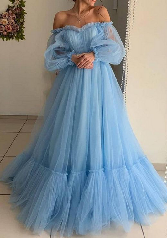 Women Tulle Prom Dresses Long Off Shoulder Evening Gowns Formal Party Dress YPD464