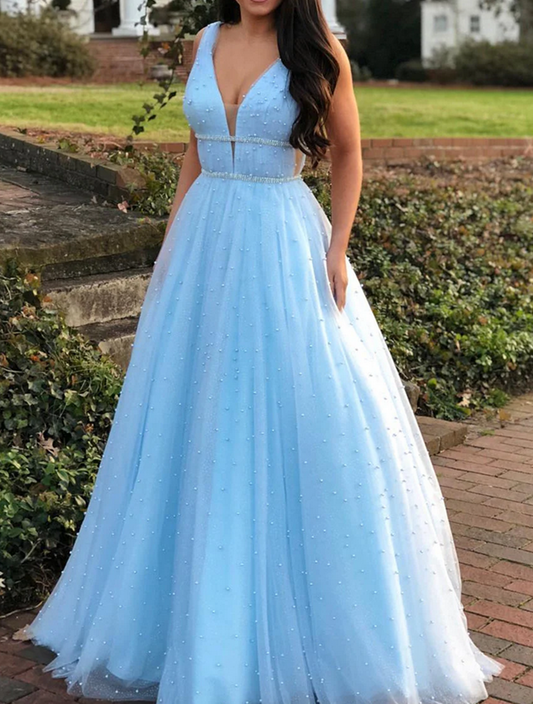 Women Beads Prom Dresses Long V-Neck Evening Gowns Formal Party Dress YPD445