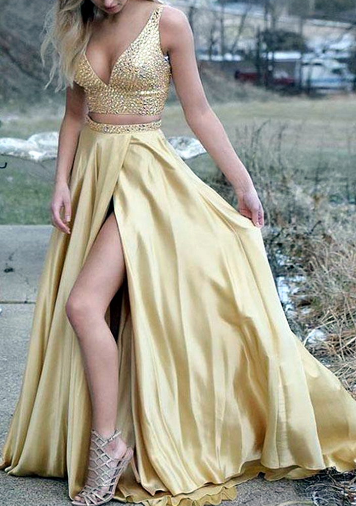 Women Beads Prom Dresses Long V-Neck Evening Gowns Formal Party Dress YPD465