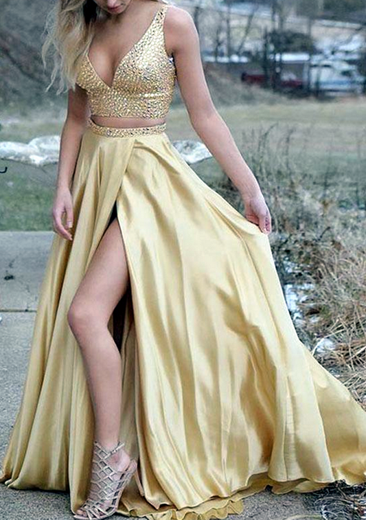 Women Beads Prom Dresses Long V-Neck Evening Gowns Formal Party Dress YPD465