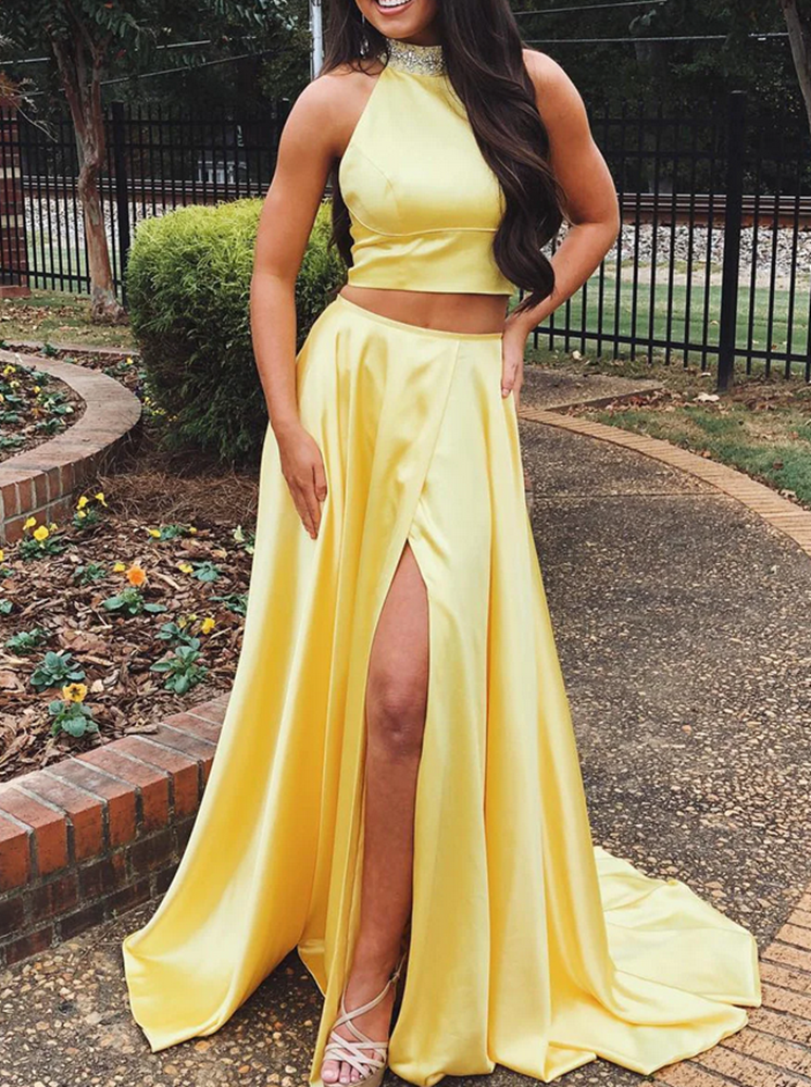 Women Satin Slit Prom Dresses Long Beads Evening Gowns Formal Party Dress YPD442