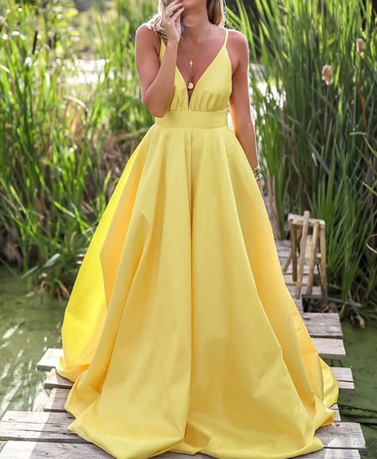 Women Satin Prom Dresses Long V-Neck Evening Gowns Formal Party Dress YPD435