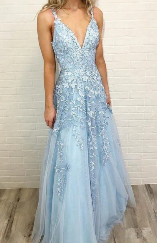 Women V-Neck Lace Prom Dresses Long Appliques Evening Gowns Formal Party Dress YPD429