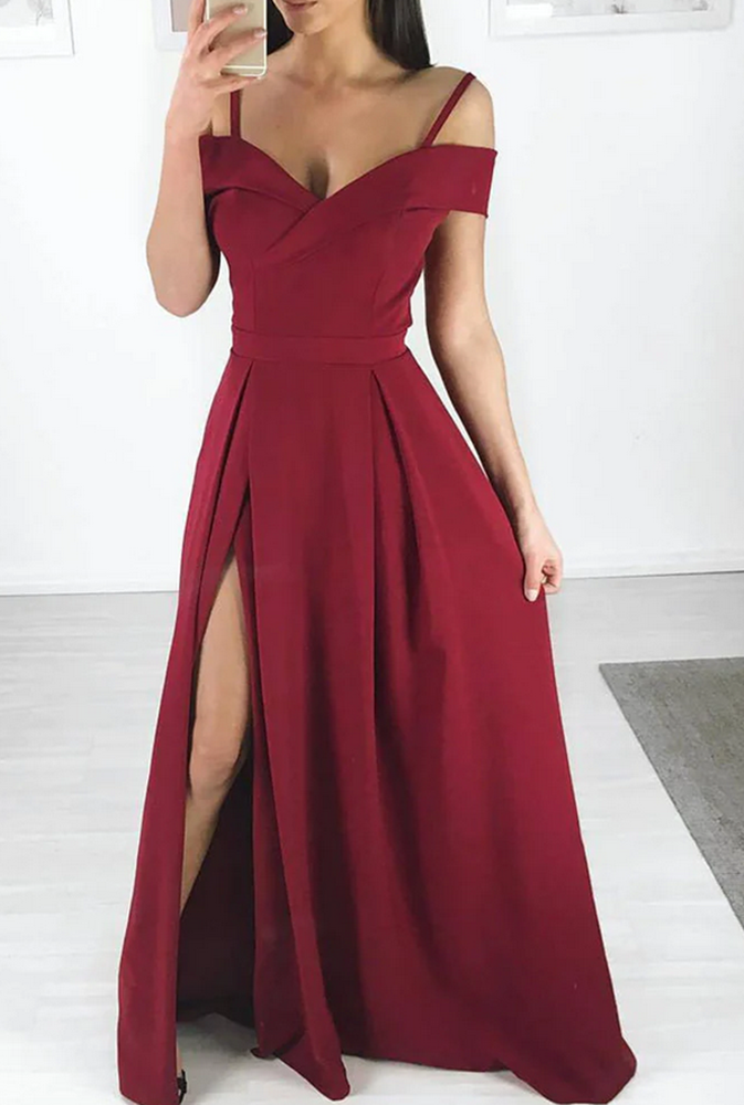 Women Satin Slit Prom Dresses Long V-Neck Evening Gowns Formal Party Dress YPD436