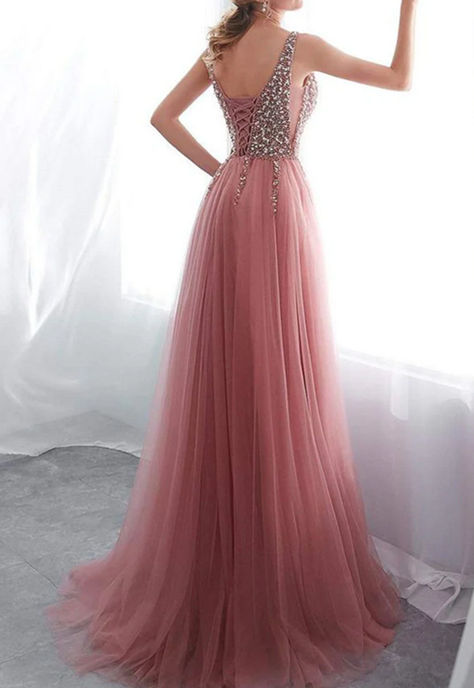 Women V-Neck Prom Dresses Long Beads Slit Evening Gowns Formal Party Dress YPD432
