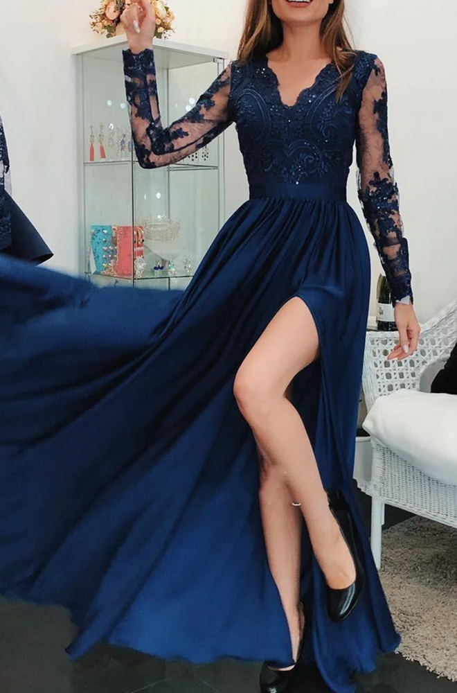 Women Beads Slit Prom Dresses Long V-Neck Evening Gowns Formal Party Dress YPD449