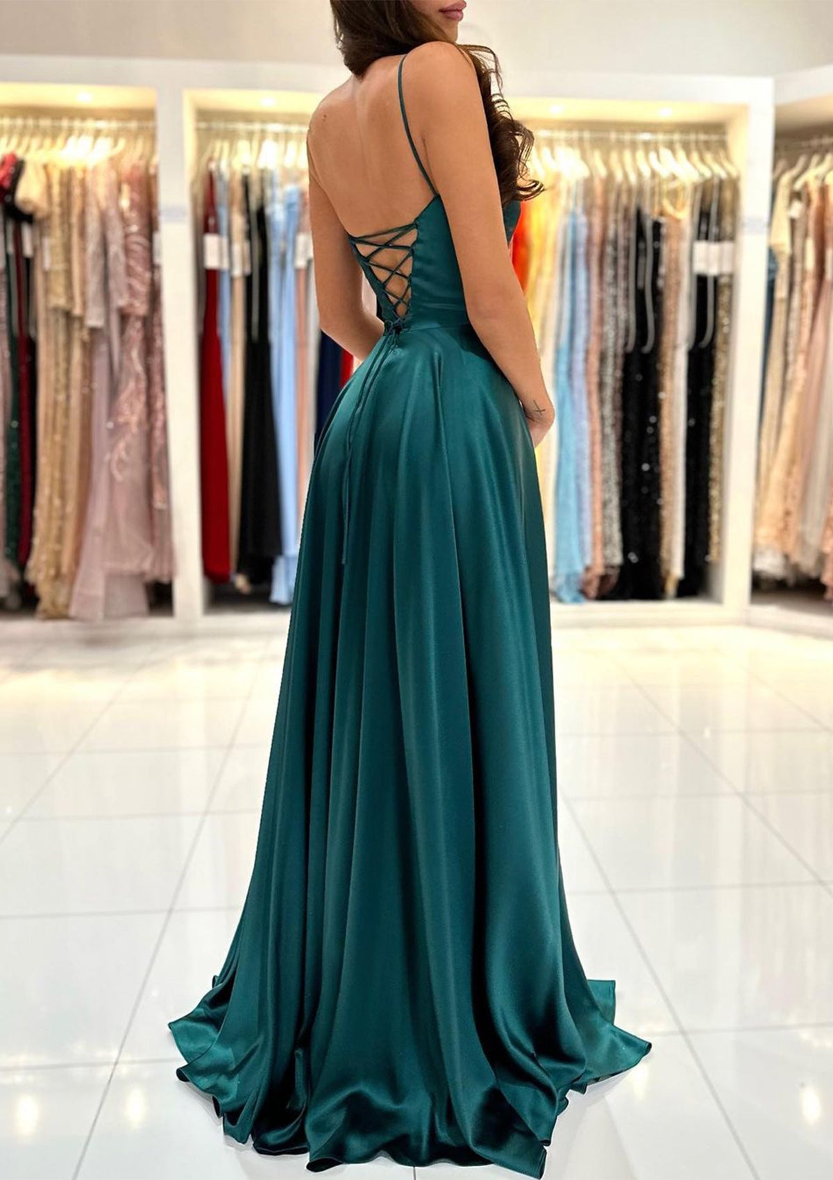 Women Spaghetti Straps Prom Dress Long Side Slit Evening Gowns Simple Formal Party Dress YPD756