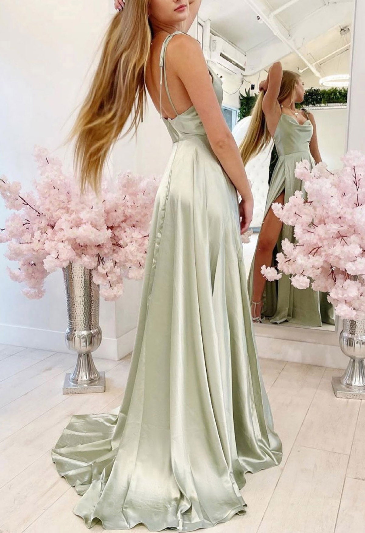 Women Spaghetti Straps Prom Dress Long Side Slit Evening Gowns Simple Formal Party Dress YPD755