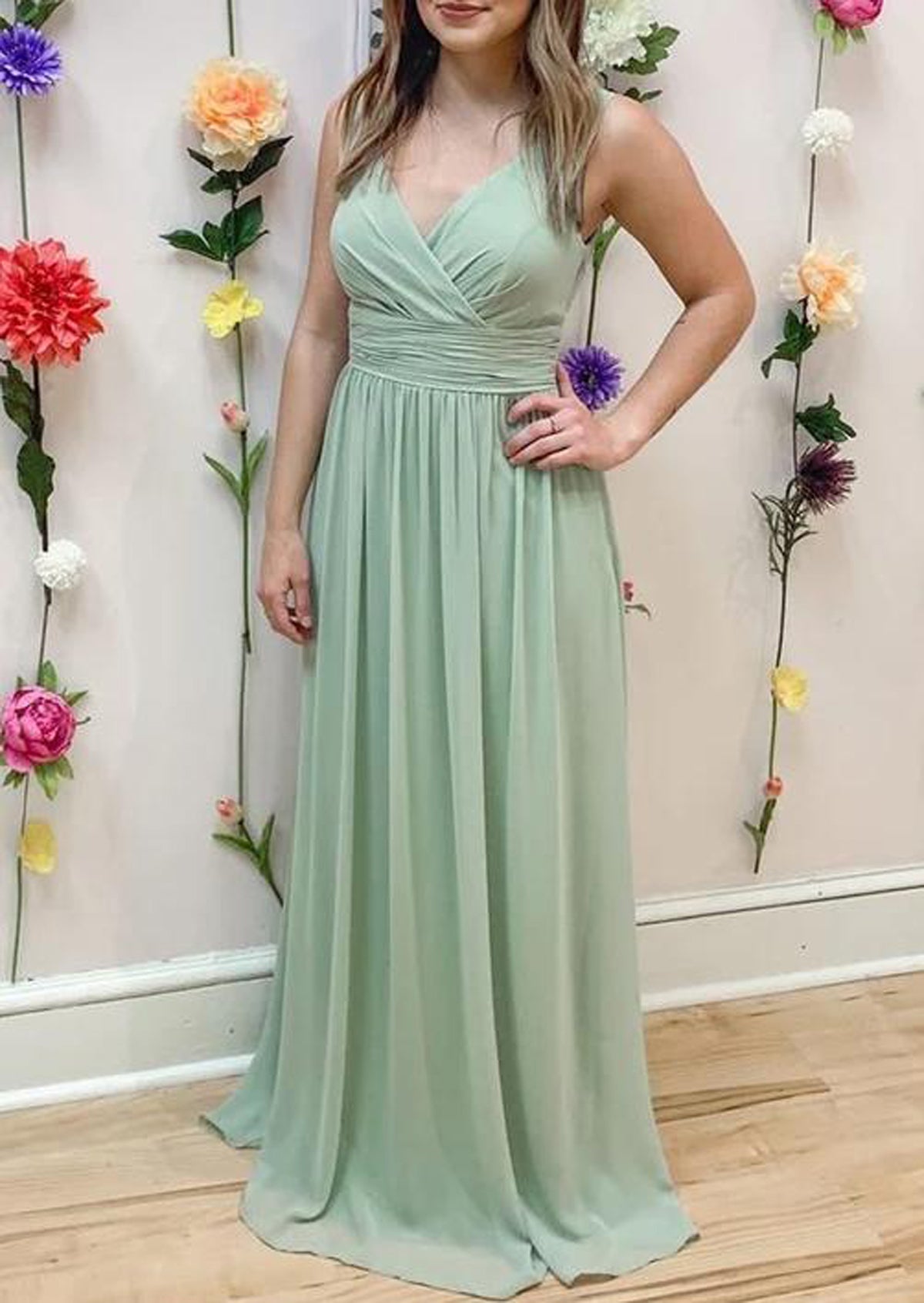 Women Chiffon Bridesmaid Dress Long V-Neck Prom Gowns Fashion Wedding Party Dress YBD028