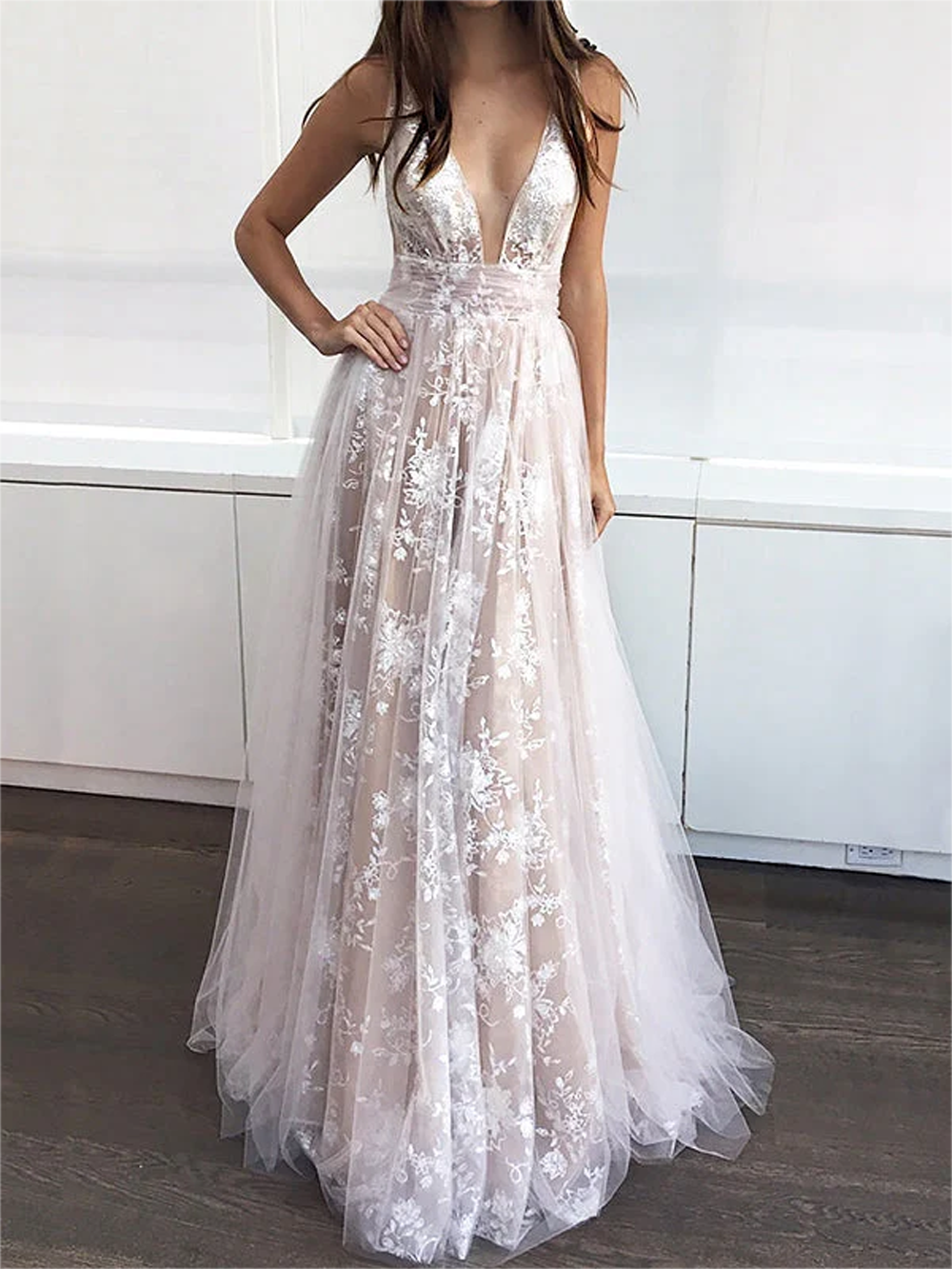 Women Deep V-Neck Prom Dresses Long Princess Tulle Evening Gowns A-Line Formal Party Dress YPD729