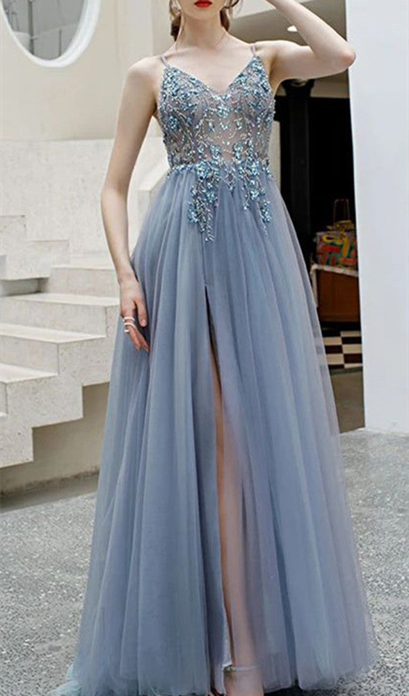 Women Beads Prom Dresses Long Side Slit Evening Party Dress YPD162