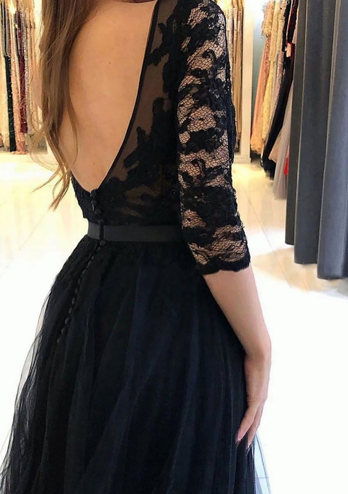 Women Tulle Lace Prom Dress Long Side Slit Evening Gowns Black Party Dress YPD797