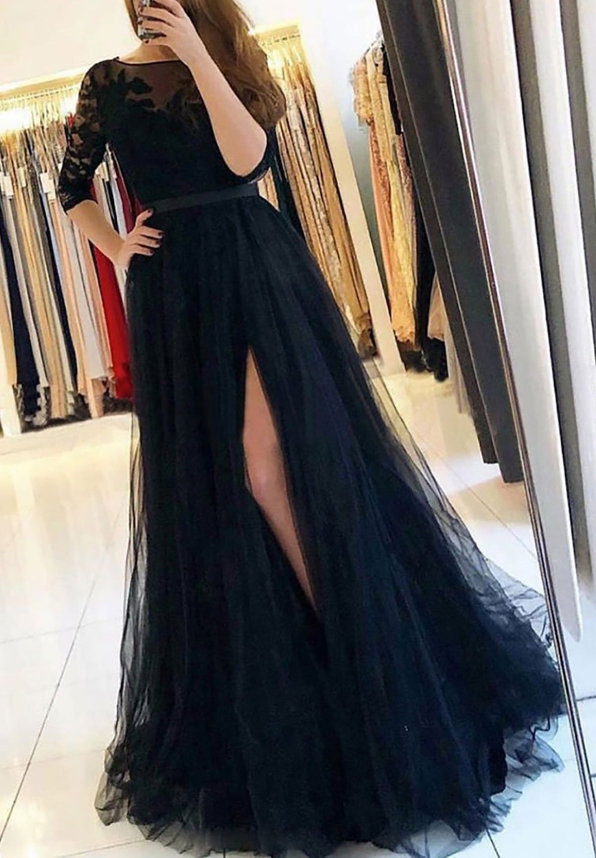 Women Tulle Lace Prom Dress Long Side Slit Evening Gowns Black Party Dress YPD797