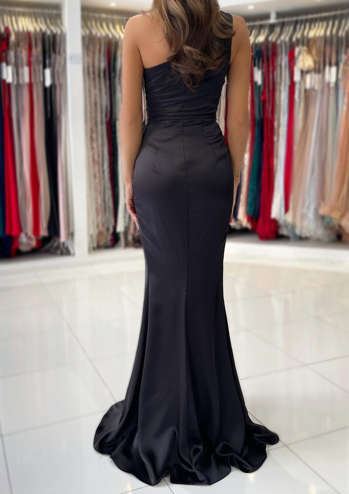 Women One Shoulder Black Prom Dress Long Side Slit Evening Gowns Satin Formal Party Dress YPD775
