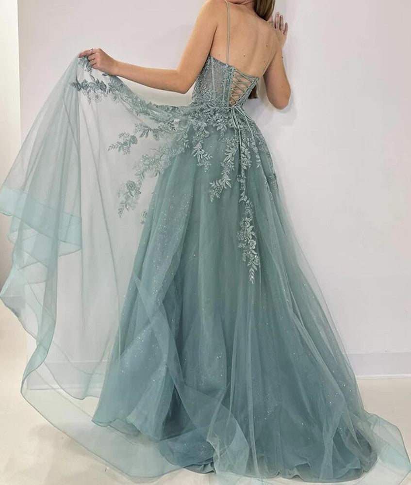 Women Lace Appliqyes Prom Dresses Long V-Neck Evening Gowns Formal Party Dress YPD468