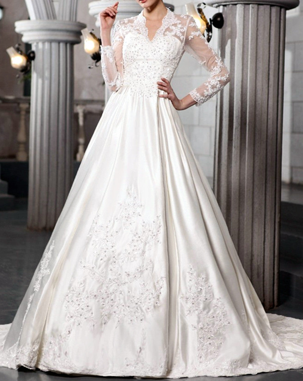 Women A-Line Appliques Wedding Dresses Long Beading Lace Bridal Gowns YWD190