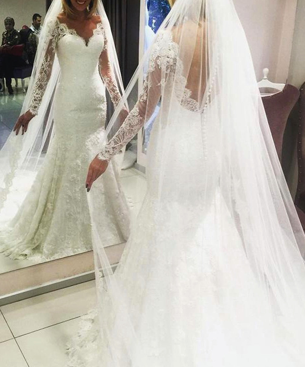 Women Sheath V-neck Wedding Dresses Long Lace Appliques Bridal Gowns YWD136