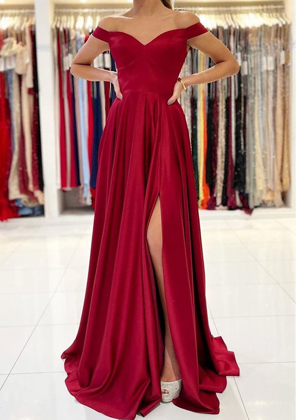 Women Off Shoulder Bridesmaid Dress Long Side Slit Prom Gowns Simple Wedding Party Dress YBD003