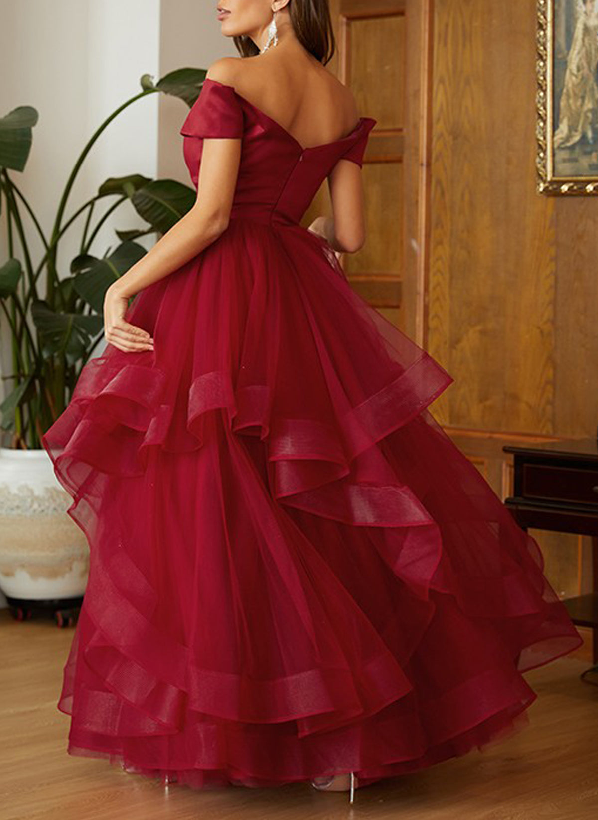 Women Off-the-Shoulder Tulle Prom Dress Long A-Line Evening Gowns Princess Party Dress YPD821
