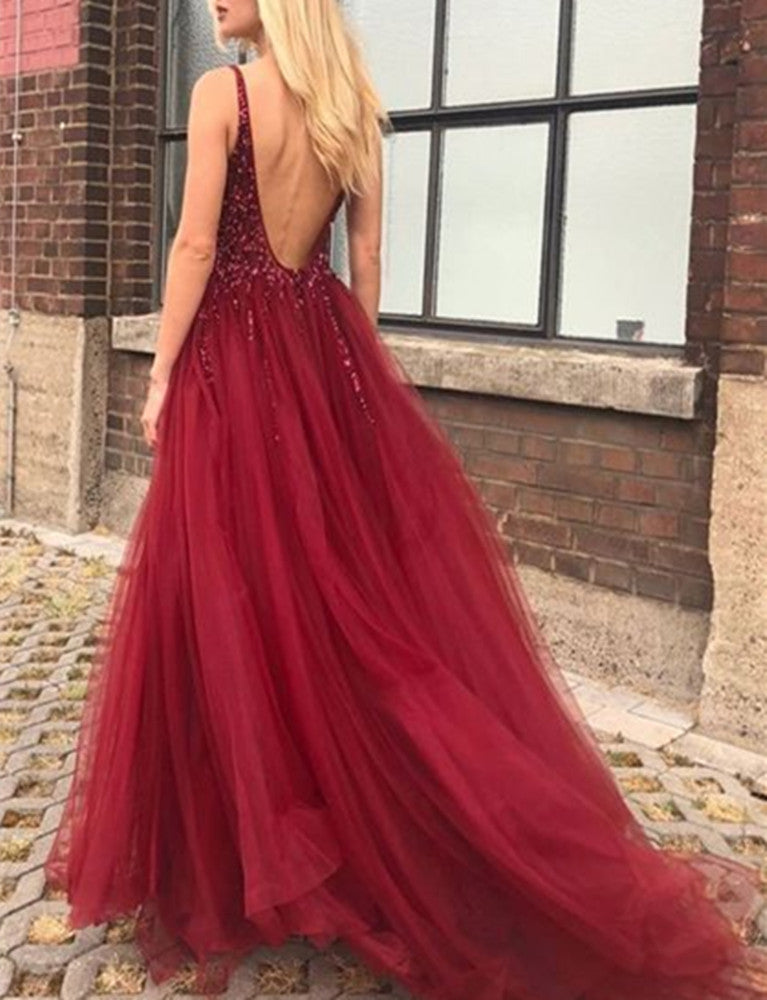 Women Burgundy V-neck Beaded Prom Dresses Long Tulle Backless Evening Party Dress YPD001