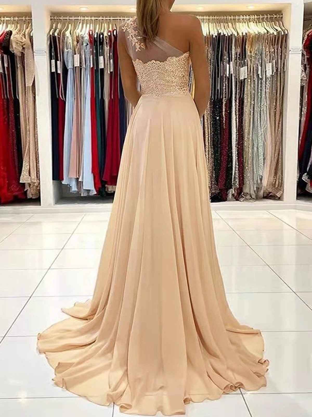 Women Side Slit Prom Dress Long One Shoulder Evening Gowns Chiffon Lace Party Dress YPD823