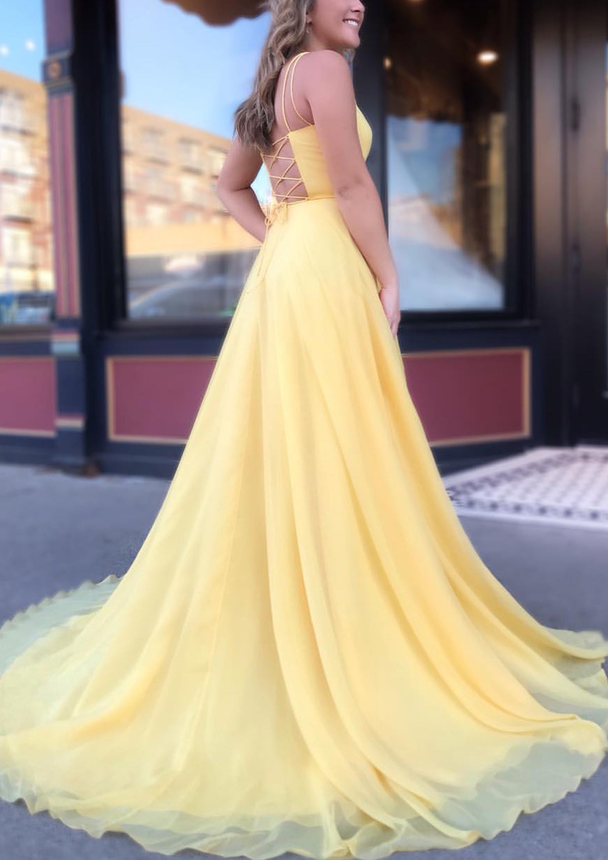 Women Spaghetti Straps Prom Dress Long Open Back Evening Gowns Chiffon Formal Party Dress YPD777