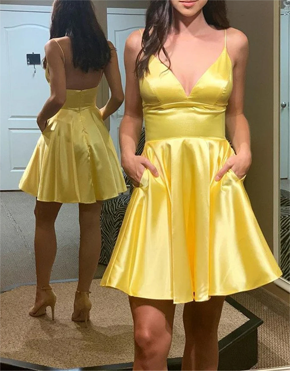 Women A-Line Homecoming Dresses Mini Girls V Neck Backless Cocktail Party Gowns YHD323