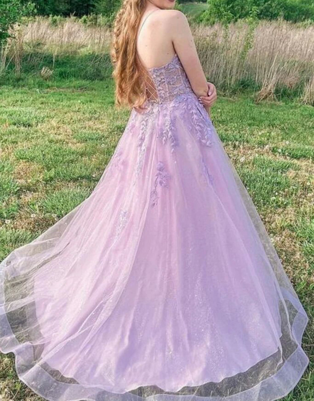 Women A-Line Lace Prom Dresses Long V-Neck Appliques Evening Gowns Sleeveless Formal Party Dress YPD672