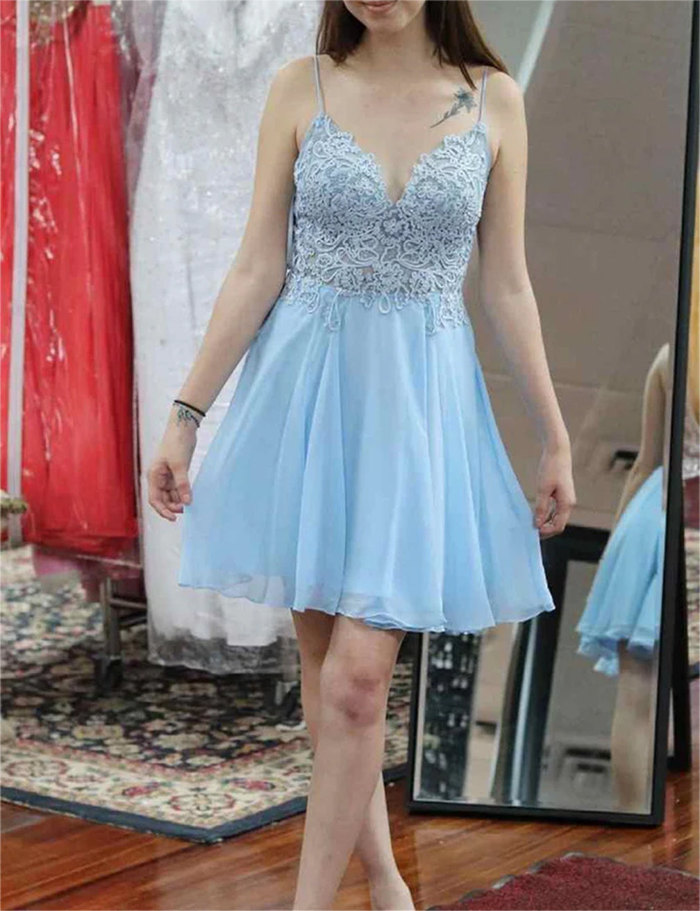 Women Lace Homecoming Dresses Mini Girls V-Neck Appliques Cocktail Party Gowns YHD342
