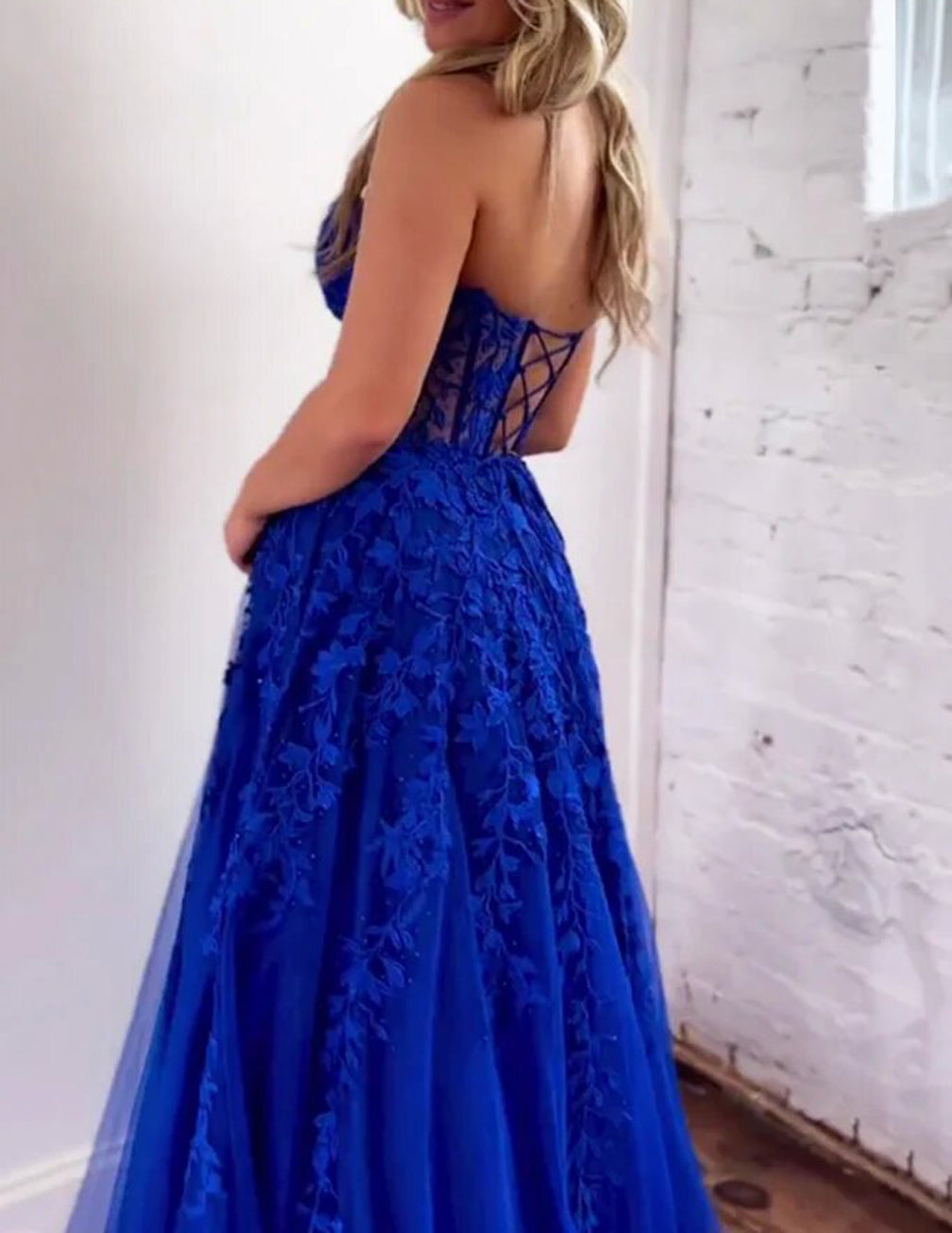 Women A-Line Lace Prom Dresses Long Strapless Appliques Evening Gowns Sleeveless Formal Party Dress YPD674