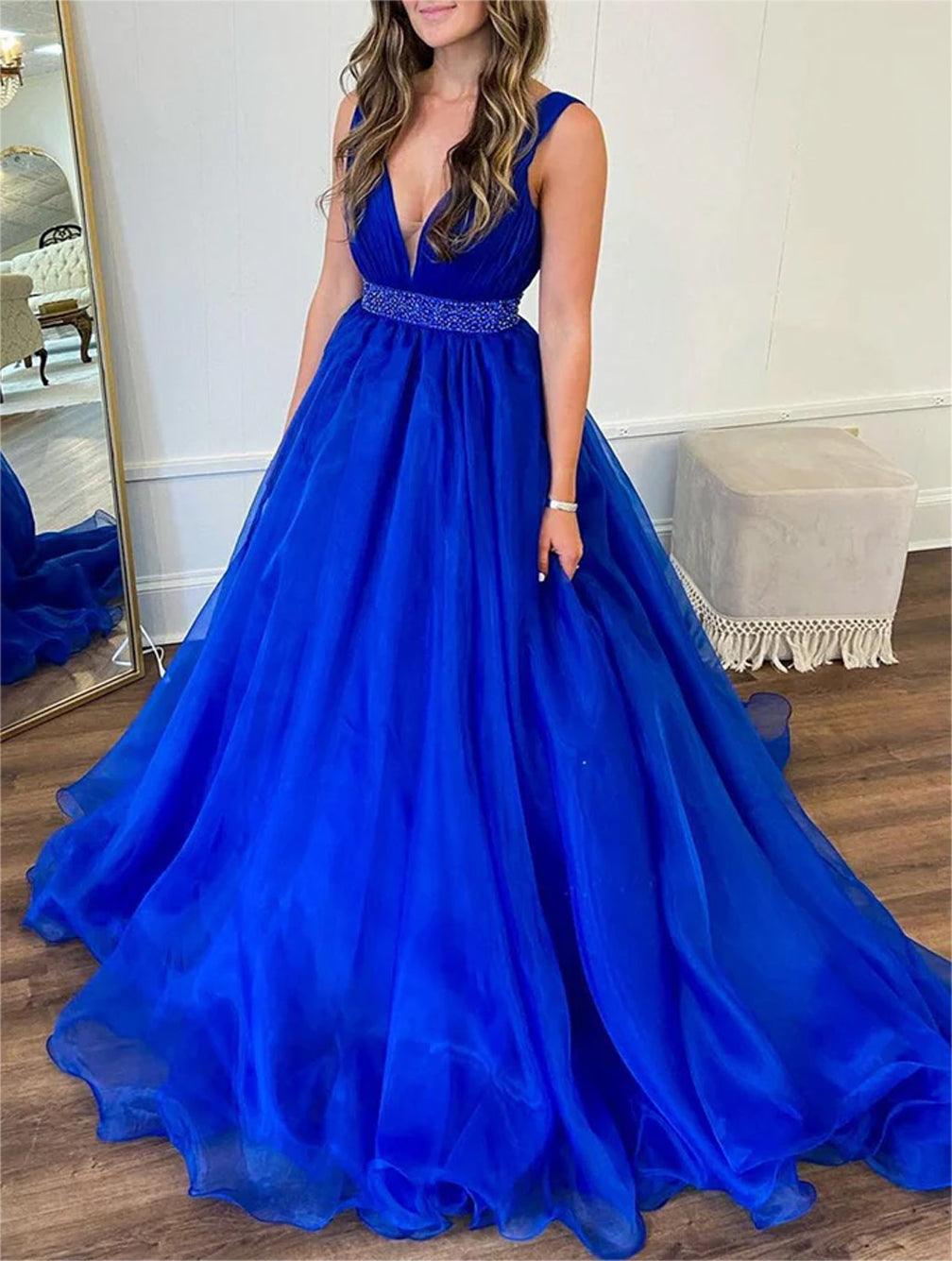 Women A-Line V-Neck Prom Dresses Long Beads Evening Gowns Sleeveless Formal Party Dress YPD690