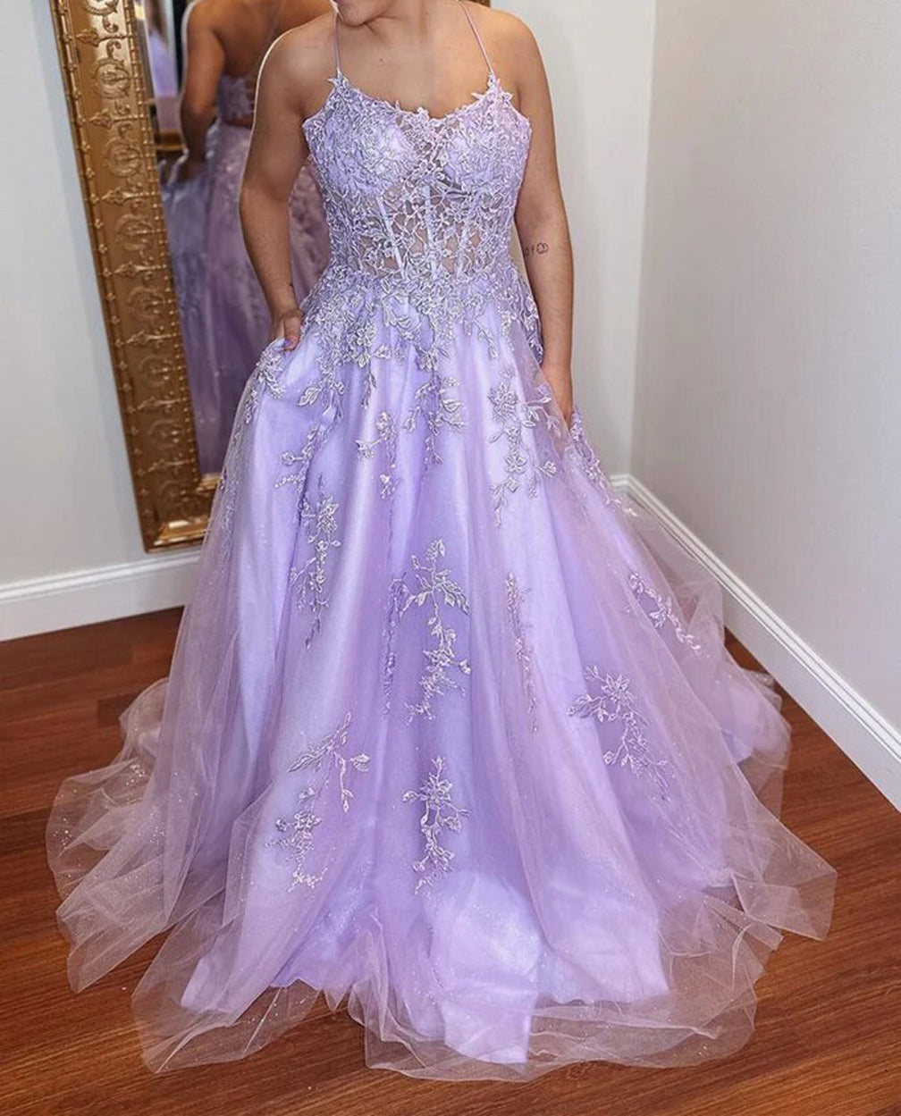 Women A-Line Lace Prom Dresses Long Appliques Evening Gowns Sleeveless Formal Party Dress YPD683