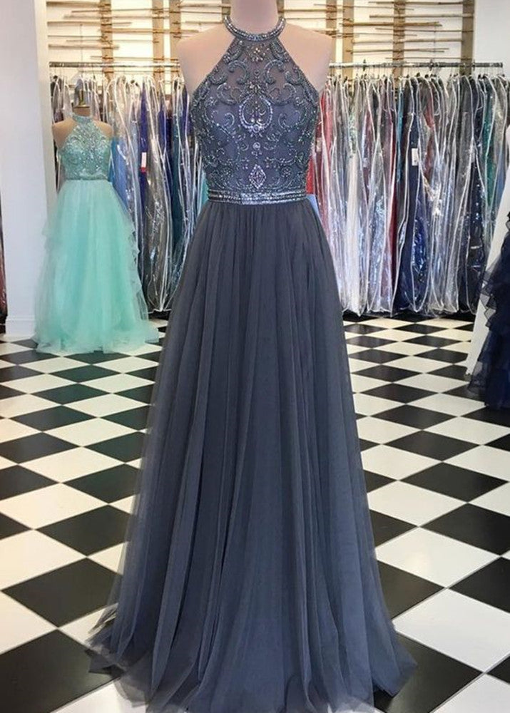 Women Beads Prom Dresses Long Halter Evening Party Dress YPD085