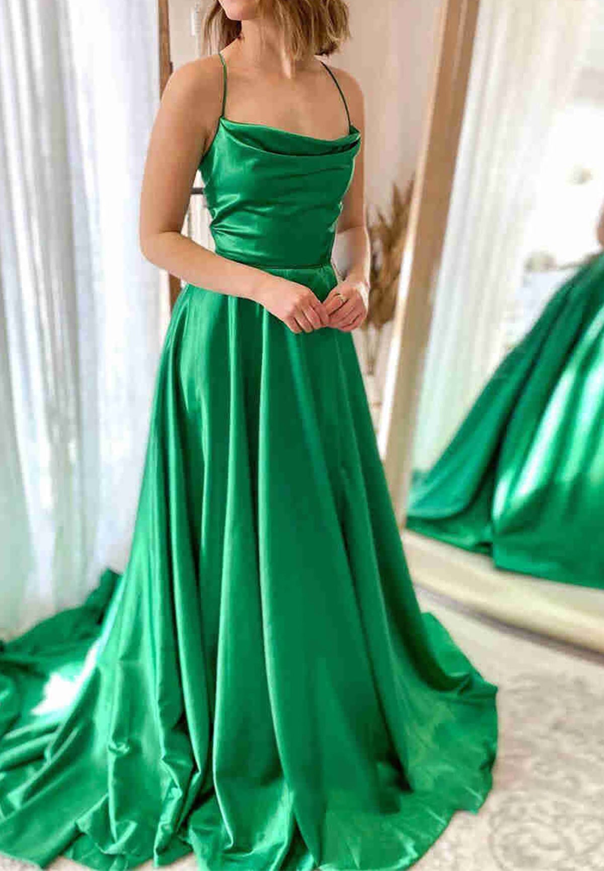 Women Spaghetti Straps Prom Dress Long High Side Slit Evening Gowns Simple Formal Party Dress YPD799