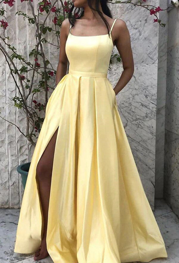 Women Satin Prom Dresses Long Side Split Evening Gowns Formal Party Dress YPD524