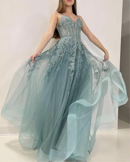 Women Lace Appliqyes Prom Dresses Long V-Neck Evening Gowns Formal Party Dress YPD468