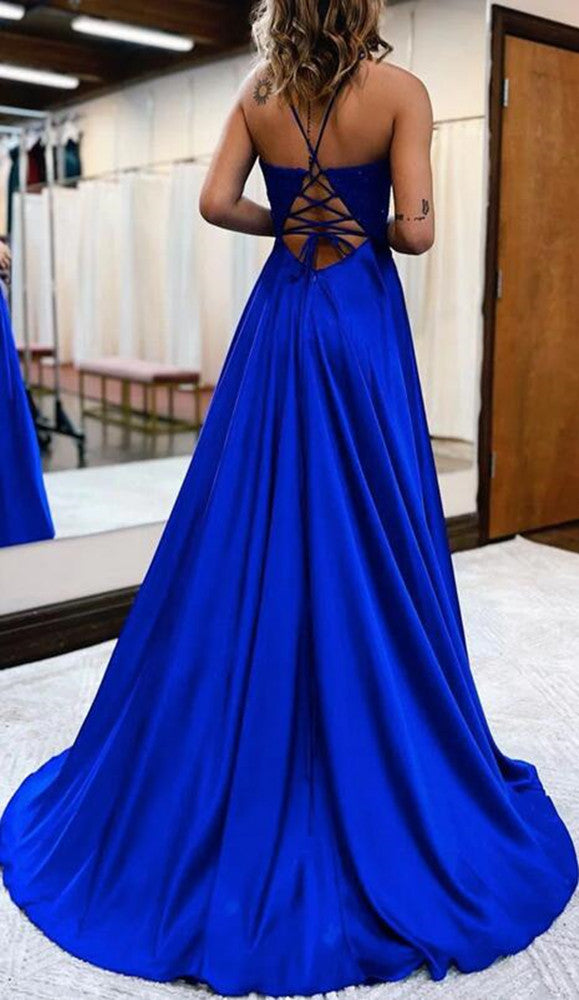 Women Satin Lace Prom Dresses Long V-Neck Evening Gowns Formal Party Dress YPD484