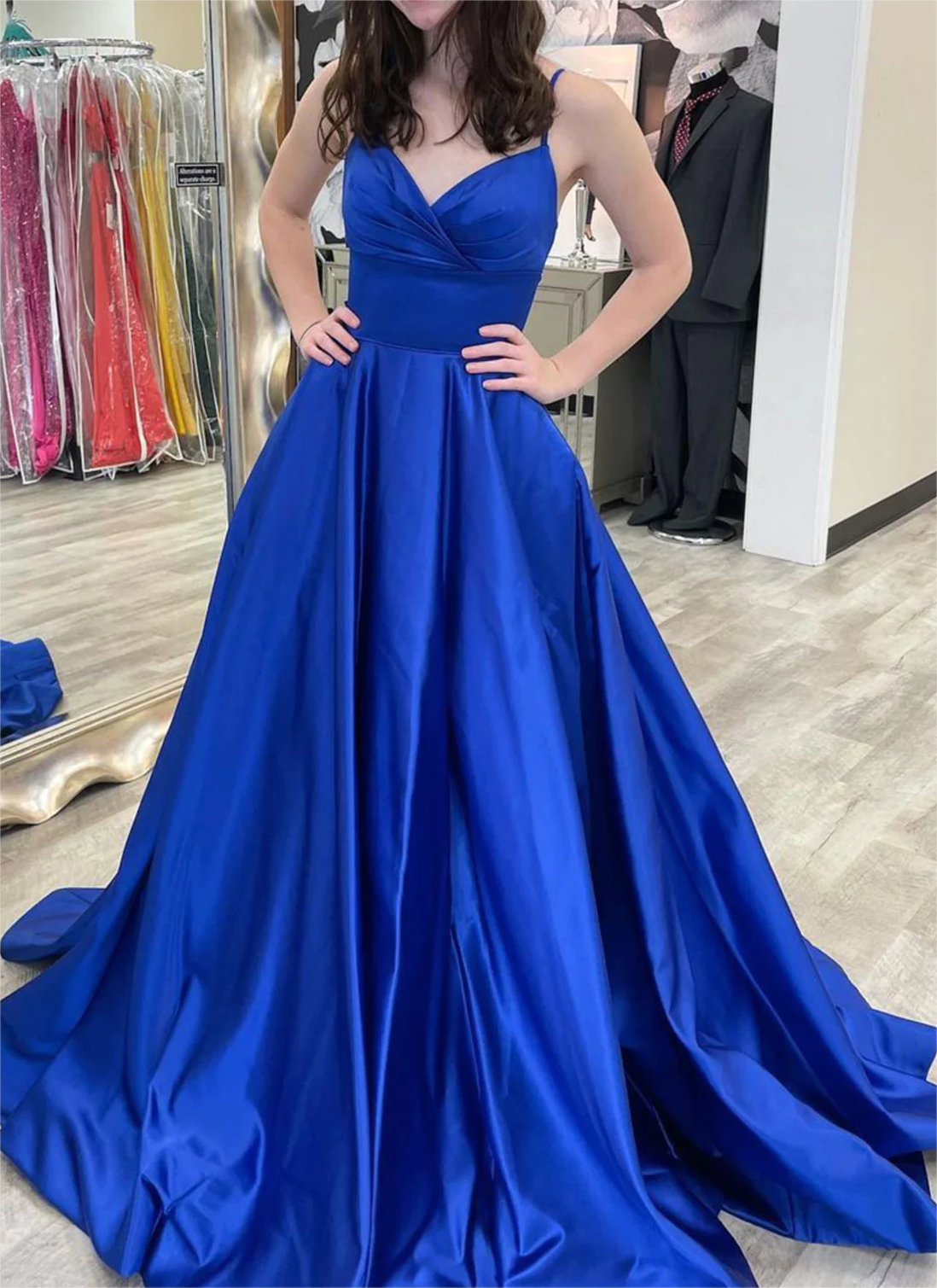 Women Satin Prom Dresses Long V-Neck Evening Gowns Formal Party Dress YPD490